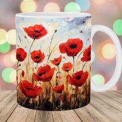vintage poppy field mug wrap 11oz and 15oz mug template mug sublimation design painting mug wrap template