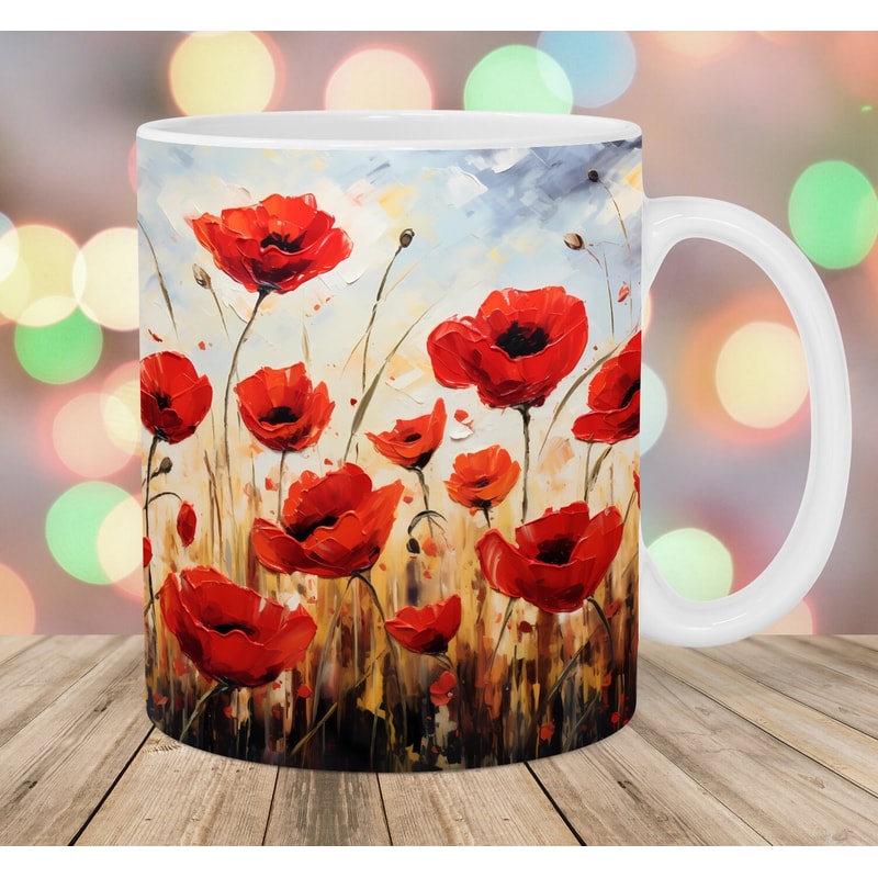 Vintage Poppy Field Mug Wrap, 11oz And 15oz Mug Template, Mug Sublimation Design, Painting Mug Wrap Template, Instant Digital Download PNG.jpg
