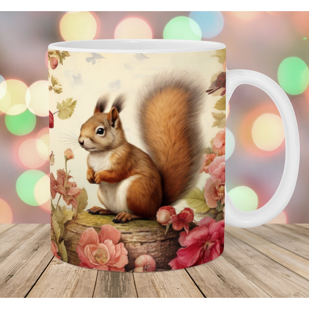 Vintage Squirrel Mug Wrap, 11oz & 15oz Mug Template, Mug Sublimation Design, Flowers Mug Wrap Template, Instant Digital Download PNG.jpg