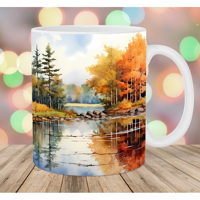 Watercolor Autumn Landscape Mug Wrap, 11oz And 15oz Mug Template, Mug Sublimation Design, Mug Wrap Template, Instant Digital Download PNG.jpg