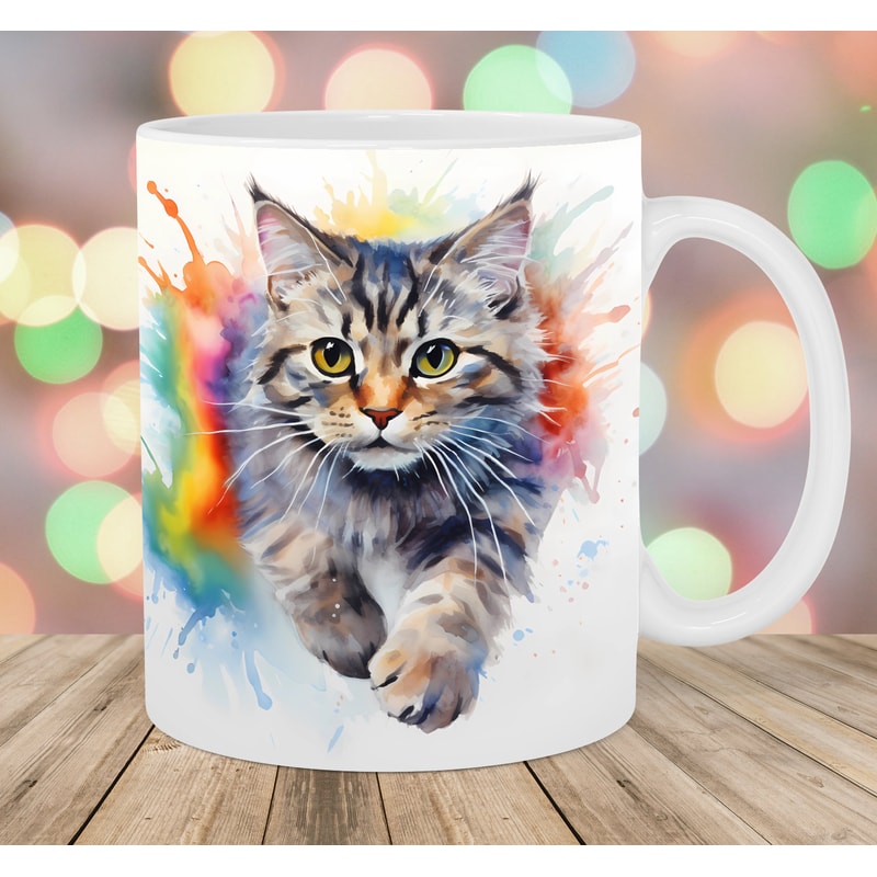 Watercolor Cat Mug Wrap, 11oz & 15oz Mug Template, Colorful Mug Sublimation Design, Kitten Mug Wrap Template, Instant Digital Download PNG.jpg