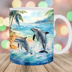 watercolor dolphins mug wrap  11oz & 15oz mug template  mug sublimation design  ocean mug wrap template