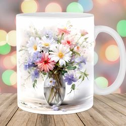 watercolor flowers in a vase mug wrap  11oz & 15oz mug template  mug sublimation design  mug wrap template