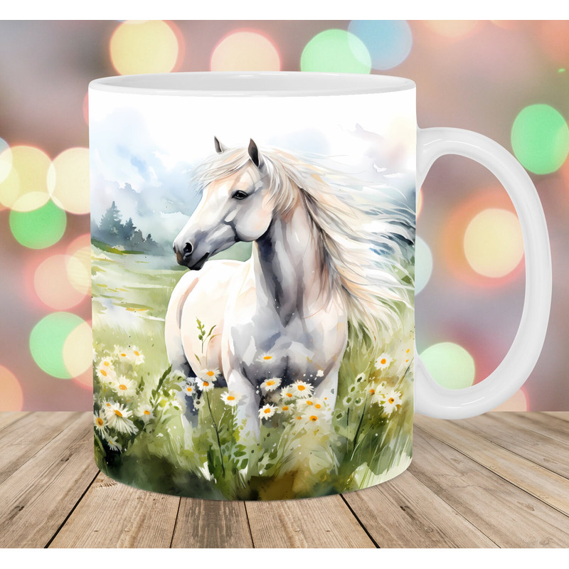 Watercolor Horse Mug Wrap, 11oz & 15oz Mug Template, Mug Sublimation Design, Flower Field Mug Wrap Template, Instant Digital Download PNG.jpg