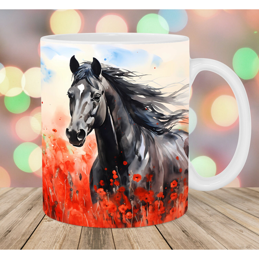 Watercolor Horse Mug Wrap, 11oz & 15oz Mug Template, Mug Sublimation Design, Red Flowers Mug Wrap Template, Instant Digital Download PNG.jpg