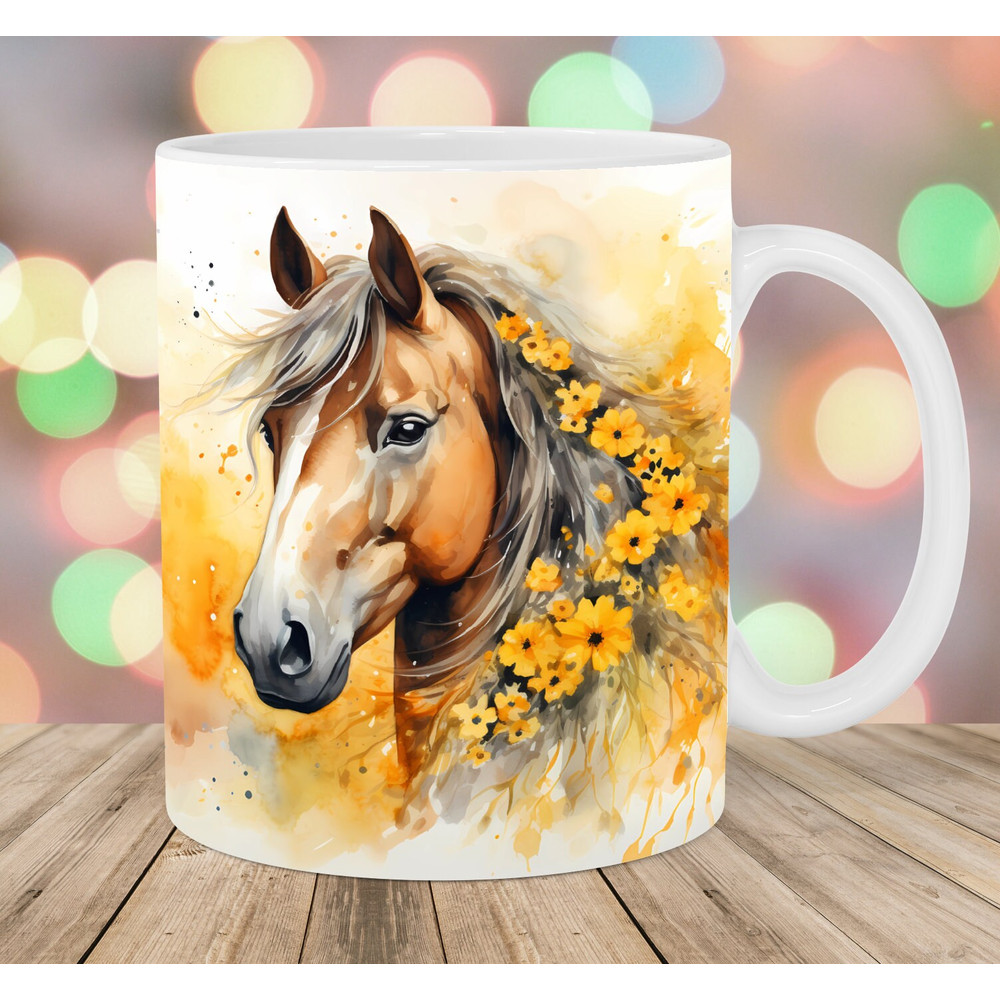 Watercolor Horse Mug Wrap, 11oz & 15oz Mug Template, Mug Sublimation Design, Yellow Flowers Mug Wrap Template, Instant Digital Download PNG.jpg