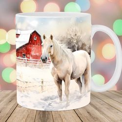watercolor horse mug wrap  11oz & 15oz mug template  red barn mug sublimation design  winter mug wrap template