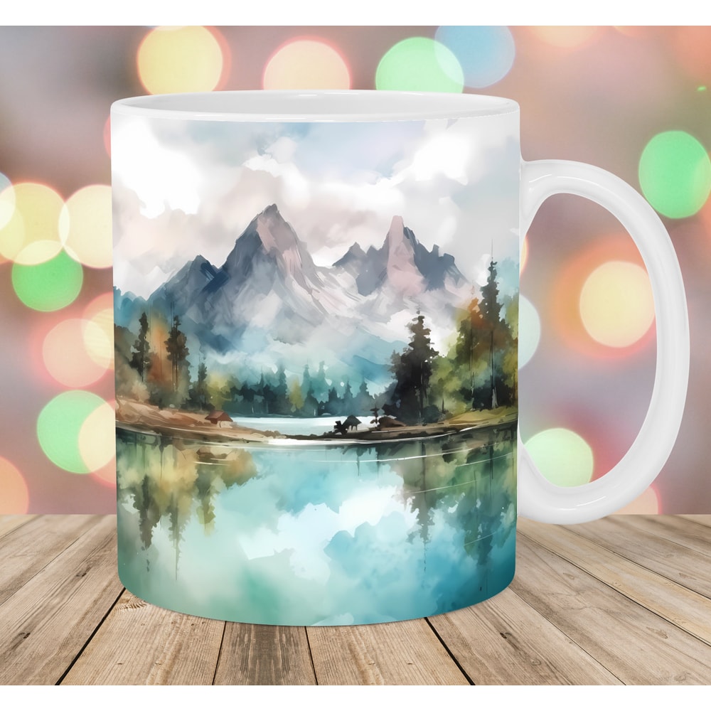 Watercolor Mountains Mug Wrap, 11oz & 15oz Mug Template, Mug Sublimation Design, Lake Landscape Mug Template, Instant Digital Download PNG.jpg