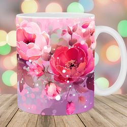 watercolor pink roses flowers mug wrap  11oz and 15oz mug template  mug sublimation design  mug wrap template