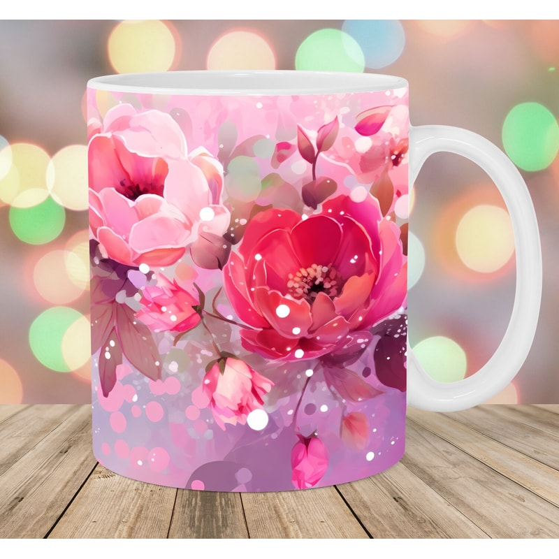 Watercolor Pink Roses Flowers Mug Wrap, 11oz And 15oz Mug Template, Mug Sublimation Design, Mug Wrap Template, Instant Digital Download PNG.jpg