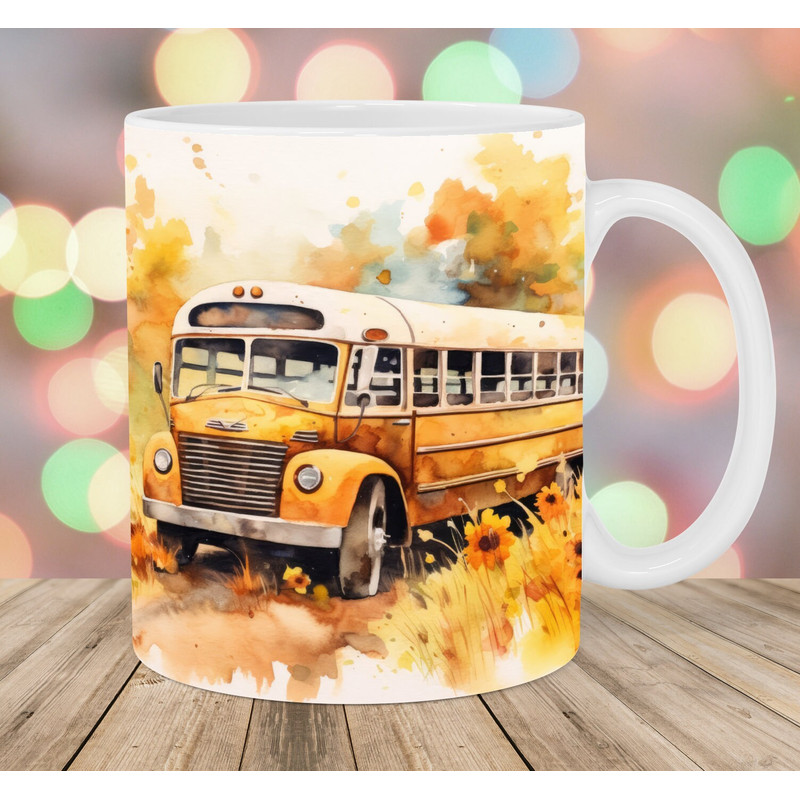 Watercolor School Bus Mug Wrap, 11oz And 15oz Mug Template, Mug Sublimation Design, Mug Wrap Template, Instant Digital Download PNG.jpg