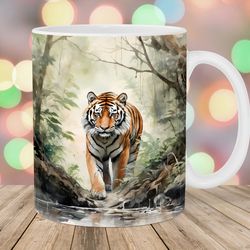 watercolor tiger mug wrap  11oz & 15oz mug template  mug sublimation design  forest mug wrap template