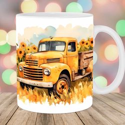 watercolor truck sunflowers mug wrap  11oz & 15oz mug template  mug sublimation design  mug wrap template