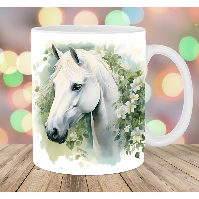 Watercolor White Horse Mug Wrap, 11oz & 15oz Mug Template, Mug Sublimation Design, Flowers Mug Wrap Template, Instant Digital Download PNG.jpg