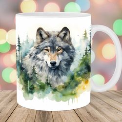 watercolor wolf forest mug wrap  11oz & 15oz mug template  mug sublimation design  mug wrap template
