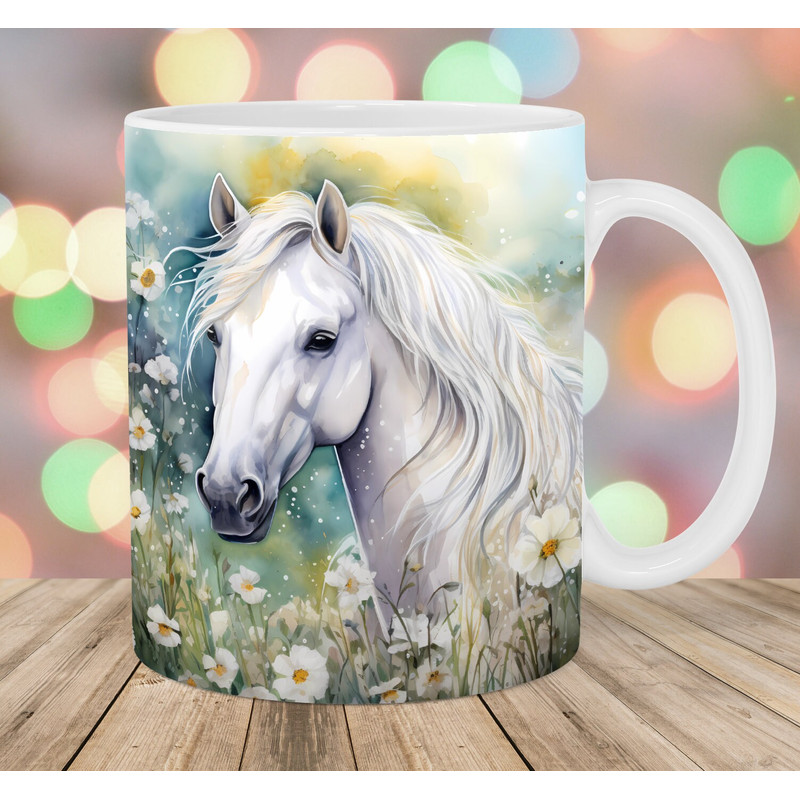 White Horse Mug Wrap, 11oz & 15oz Mug Template, Watercolor Mug Sublimation Design, Flowers Mug Wrap Template, Instant Digital Download PNG.jpg