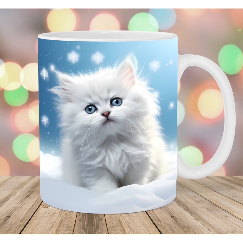 White Kitten Mug Wrap, 11oz And 15oz Mug Template, Snowflakes Mug Sublimation Design, Winter Mug Template, Instant Digital Download PNG.jpg