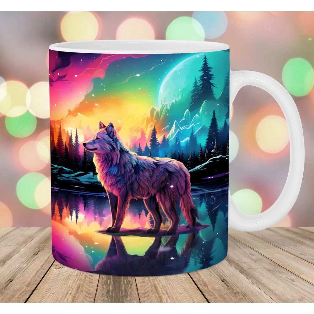 Wolf Mug Wrap, 11oz & 15oz Mug Template, Colorful Mug Sublimation Design, Northern Lights Mug Wrap Template, Instant Digital Download PNG.jpg