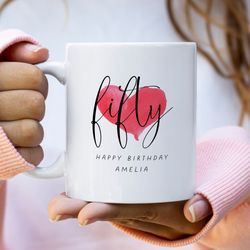 personalised 50th birthday mug, personalised gift, happy 50th birthday, red heart, milestone birthday gift