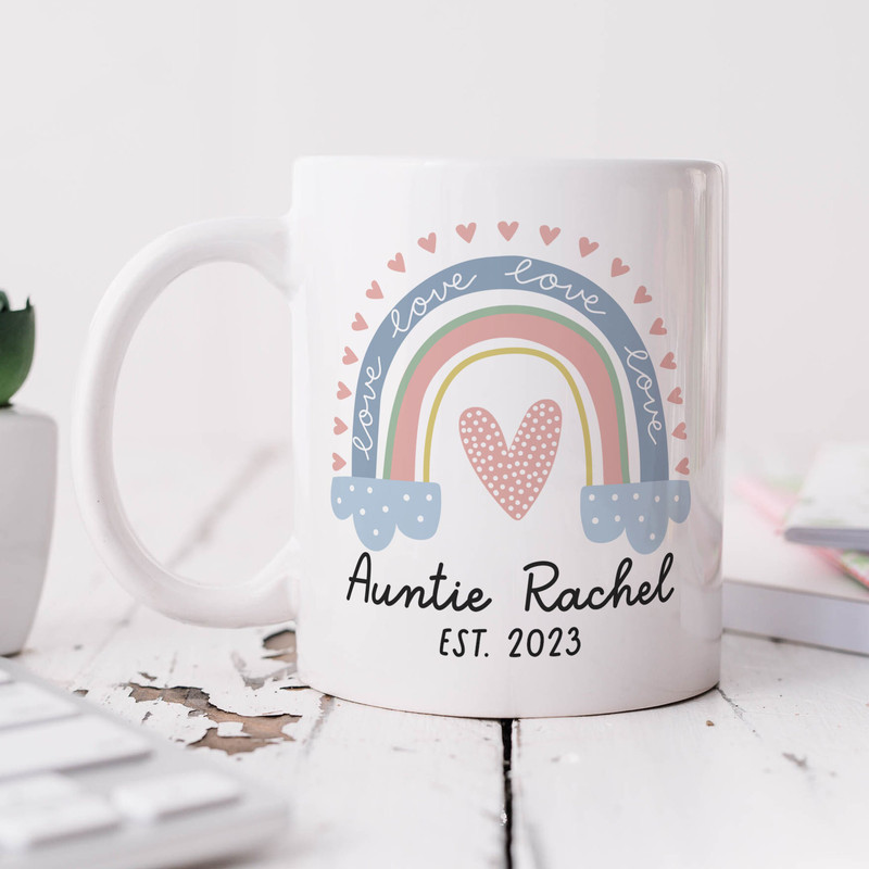 Personalised Auntie Mug, Pregnancy Announcement Mug, Rainbow, New Auntie Gift, Auntie To Be, Congrats Auntie Mug, Auntie Established.jpg