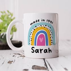 personalised birthday mug year and name, rainbow mug, personalised birthday gift, made in mug