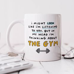 thinking about the gym mug   funny personalised mug, birthday gift, for boyfriend, husband, for dad, brother, son
