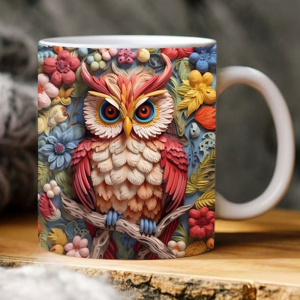 3D Owl and Flower Mug, Owl Flower Mug, Animal Mug Design, Owl Floral Mug PNG, 3D Mug, 11oz,15oz Mug Sublimation Wrap, Digital Download1.jpg