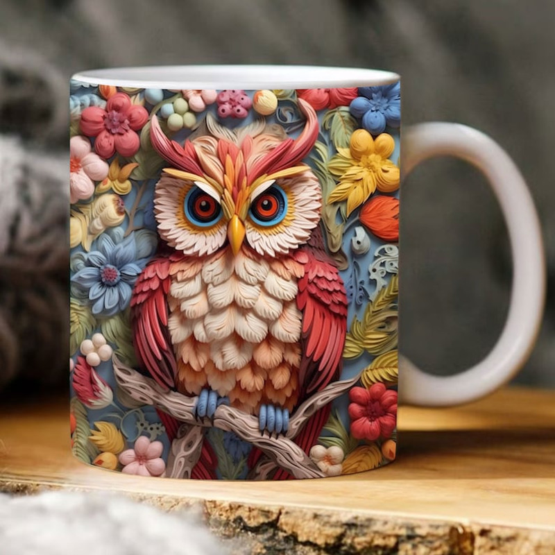3D Owl and Flower Mug, Owl Flower Mug, Animal Mug Design, Owl Floral Mug PNG, 3D Mug, 11oz,15oz Mug Sublimation Wrap, Digital Download1.jpg
