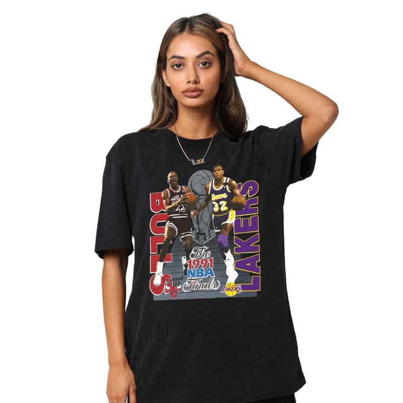 1991 nba finals michael jordan magic johnson vintage shirt angeles lakers logo and text with basketball shirt sport shirt gift for him.jpg