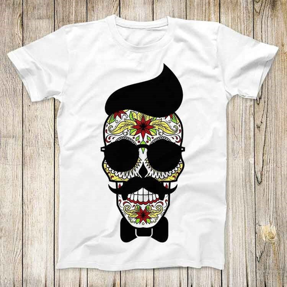 Hipster Sugar Skull Gay Mustache Sun Glass Top Tee Best Cute Gift Men Women Unisex Retro Style T Shirt 3151.jpg
