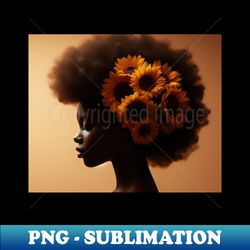 Photo art of black woman with closed eyes and sunflowers in her hair - PNG Transparent Sublimation Design - Create with Confidence