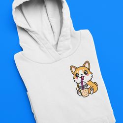 embroidered hoodie corgi boba tea hoodie boba tea shirt custom embroidery sweatshirt crewneck embroidery gift
