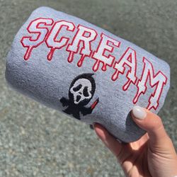 ghost face halloween drip embroidered shirt, scream embroidery t-shirt, scream embroidered crewneck sweatshirt, scream p