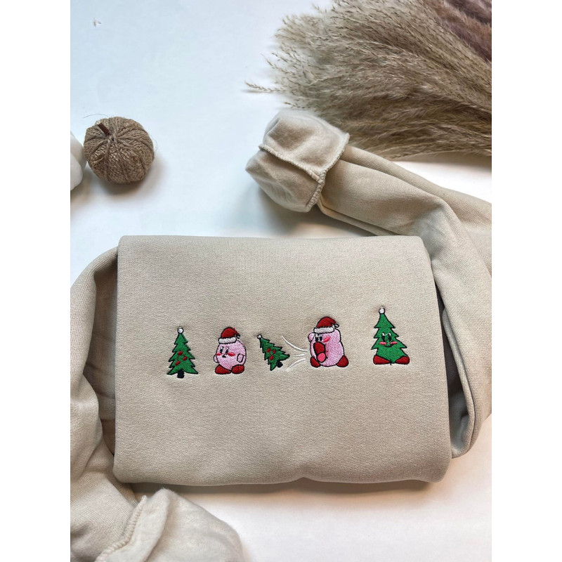 Kirby Christmas Tree Embroidered Sweatshirt Inspired Crewneck Sweatshirt Christmas Xmas.jpg