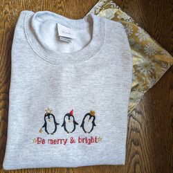 merry & bright penguins christmas embroidered sweatshirt inspired crewneck sweatshirt christmas xmas