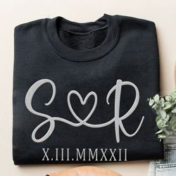 embroidered custom anniversary date and husband wife name sweatshirt, roman numerals hood couple sweater