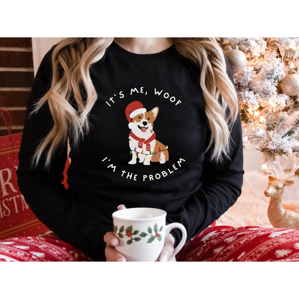 Christmas Corgi Long Sleeve Shirt, Couple Matching Christmas Pajamas, Anti Hero Dog Christmas PJ, It's Me Woof I'm The Problem Shirt.jpg