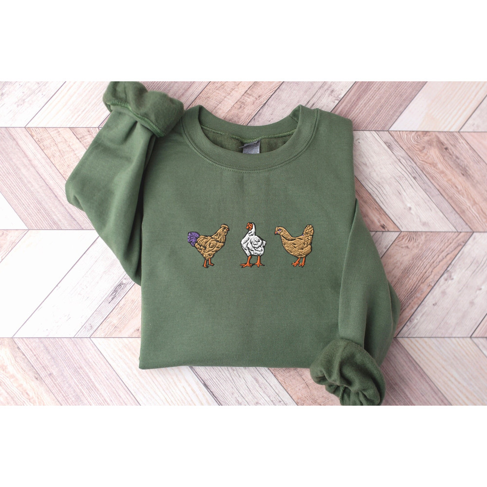 Embroidered 3 Chickens Sweatshirt, Chicken Embroidery Crewneck Sweatshirt, Chicken Sweater, Funny Farm Animal Embroidery, Best Friend Gift 1.jpg