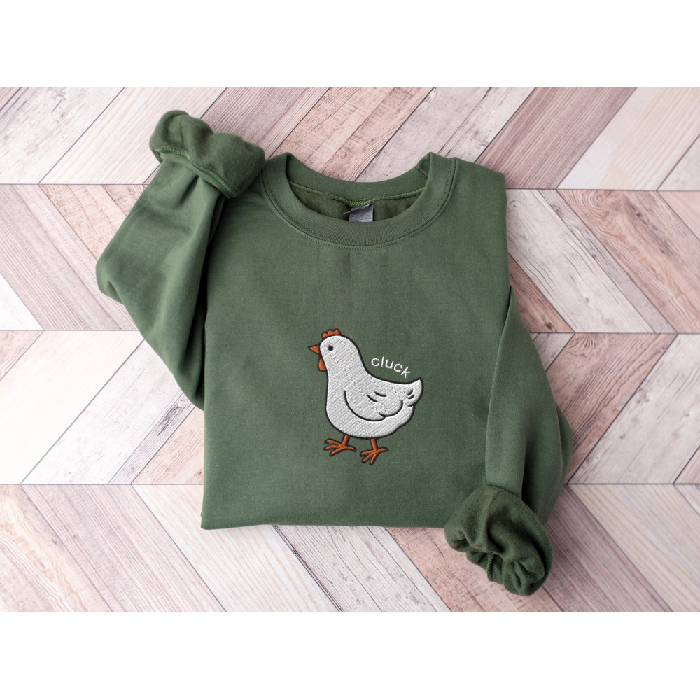 Embroidered Chicken Cluck Sweatshirt, Embroidered Chickens Crewneck Sweater, Silly Goose Shirt, Funny Shirt, Farm Spirit Animal Shirt Gifts.jpg