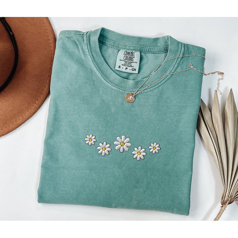 Embroidered Floral Daisy Comfort Colors Tshirt, Embroidered Daisy Shirt, Embroidered Flower Shirt, Daisy Embroidery, Gift for herbestfriend.jpg