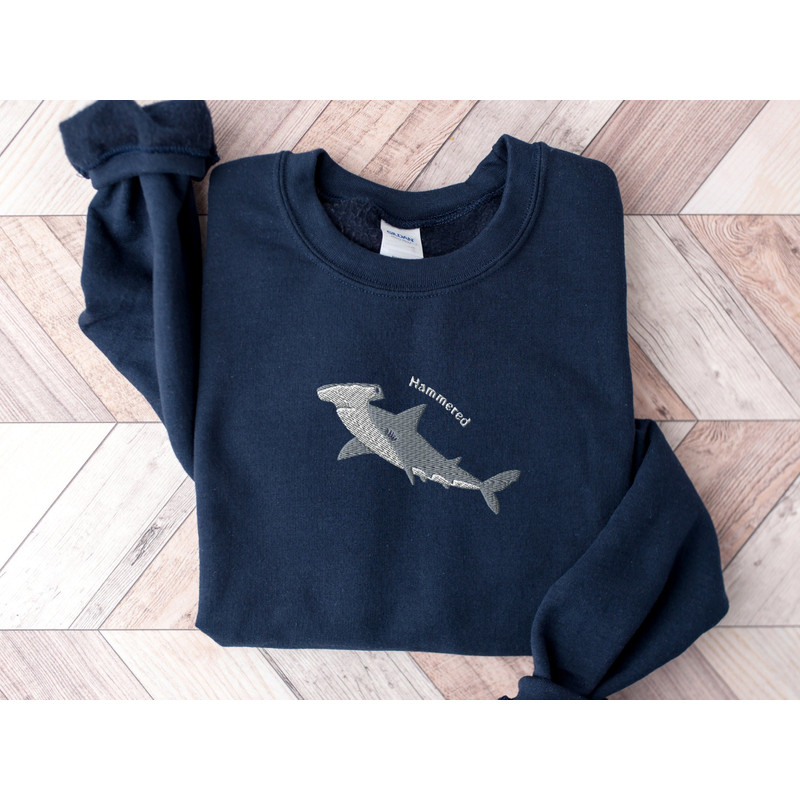 Embroidered Hammerhead Shark Sweatshirt, Funny Hammerhead Shark Shirt, Hammered Sweatshirt, Shark Shirt, Marine Ocean Shirt, Gift for Her 1.jpg