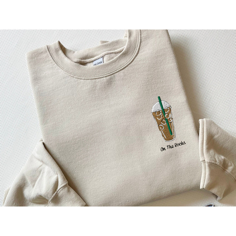 Embroidered On The Rocks Iced Coffee Sweatshirt, Boba Shirt, Iced Coffee Embroidered Crewneck Sweater, Coffee Shirt, Drinks & Beverage Shirt.jpg
