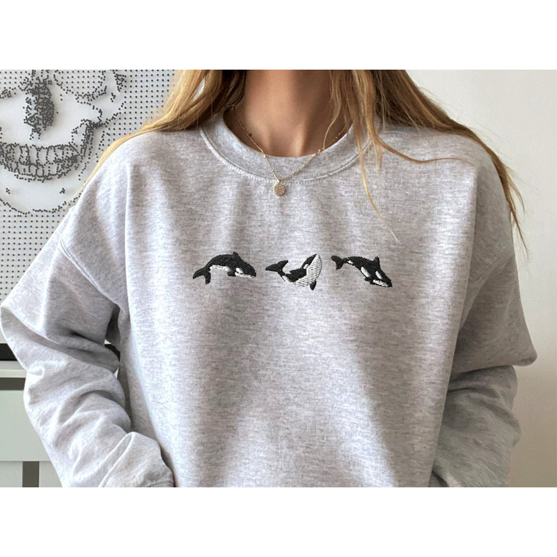Embroidered Trio of Orcas Sweatshirt, Embroidered Orcas Sweatshirt, Orcas Shirt, Orca Whale Shirts, Ocean Shirts, Fish Shirts, Marine Shirts.jpg