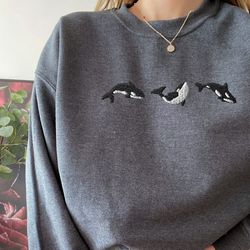 embroidered trio of orcas sweatshirt, embroidered orcas sweatshirt, orcas shirt, orca whale shirts, ocean shirts, fish s