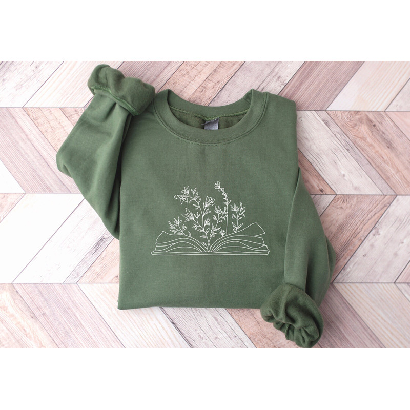 Embroidered Wildflower Book Sweatshirt, Book Lover Sweatshirt, Cottagecore Floral Plant Shirt, Reading Sweatshirt, Book Readers Gift for Her.jpg