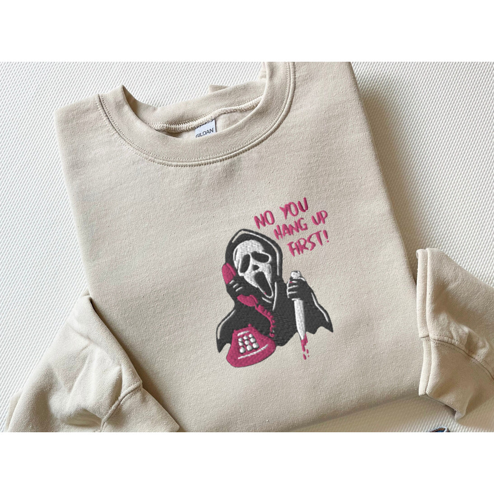 Ghost Face Sweatshirt, No You Hang Up First Crewneck, Embroidered Scream Crewneck Halloween Sweatshirt, Scream Crewneck, Spooky Sweatshirt.jpg