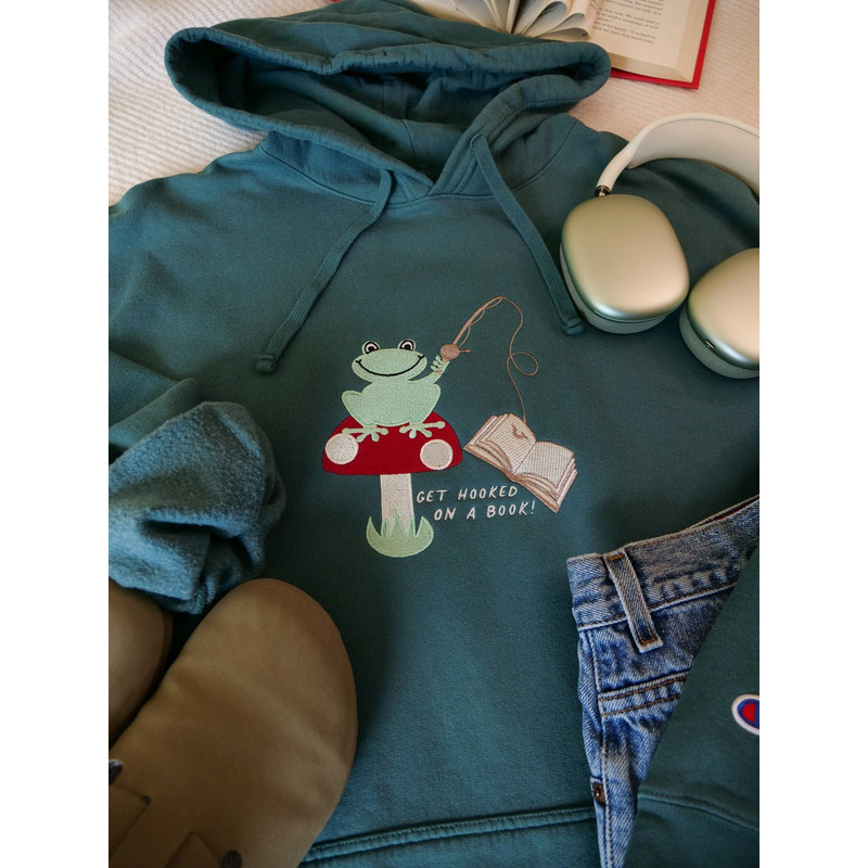 Reader Frog Embroidered Sweatshirt, Country Bookish, Fishing Froggy Embroidered Hoodie, Frog Book Lover, Bookish Gift.jpg