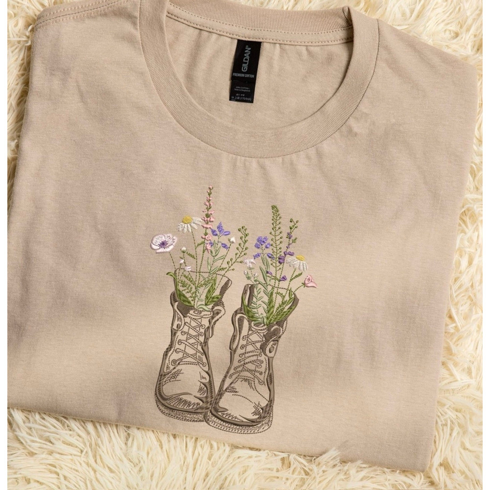 Embroidered Wildflower Boots Tshirt, Botanical Flower Shoes Sweatshirt Hoodie, Trendy Shirt Embroidered.jpg