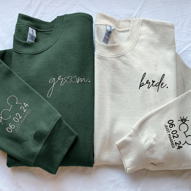 Custom Embroidered Bride Groom Just Married Sweatshirt, Mickey Disney Couple Matching Embroidery Shirt, Newlywed Honeymoon, Disneyland Trip.jpg