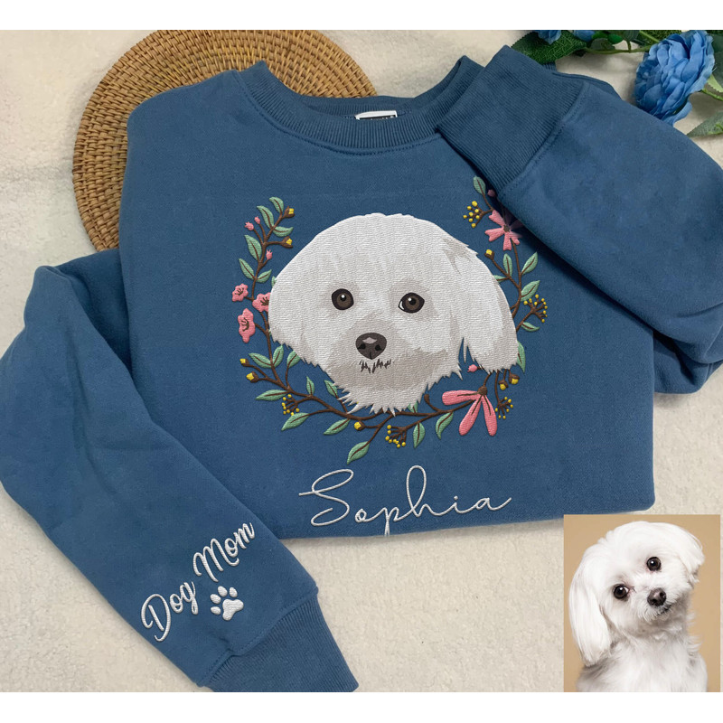 Custom Embroidered Dog Mom Floral Sweatshirt, Mother Dog Lovers Embroidery Shirt, Add Your Dog Photo, Dog Paw on Sleeve, Mother's Day Gift.jpg